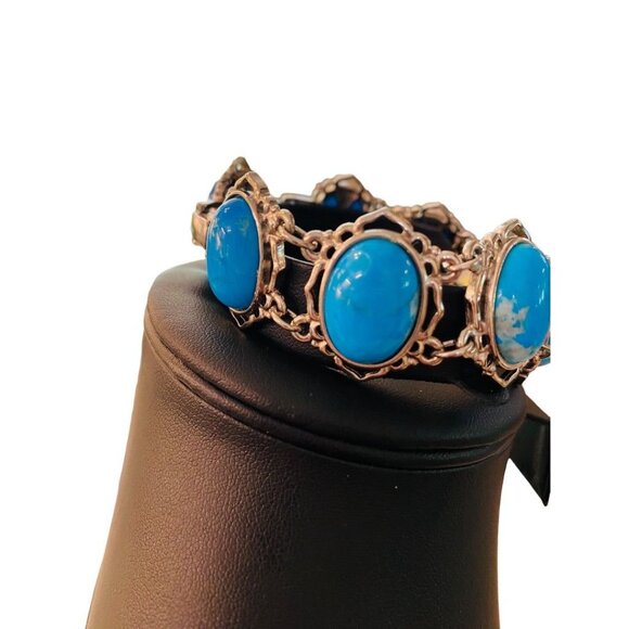 JBK Signed Faux Turquoise Link Bracelet Jacqueline Kennedy 1980s 7-8.2" Adjustab - Picture 10 of 16